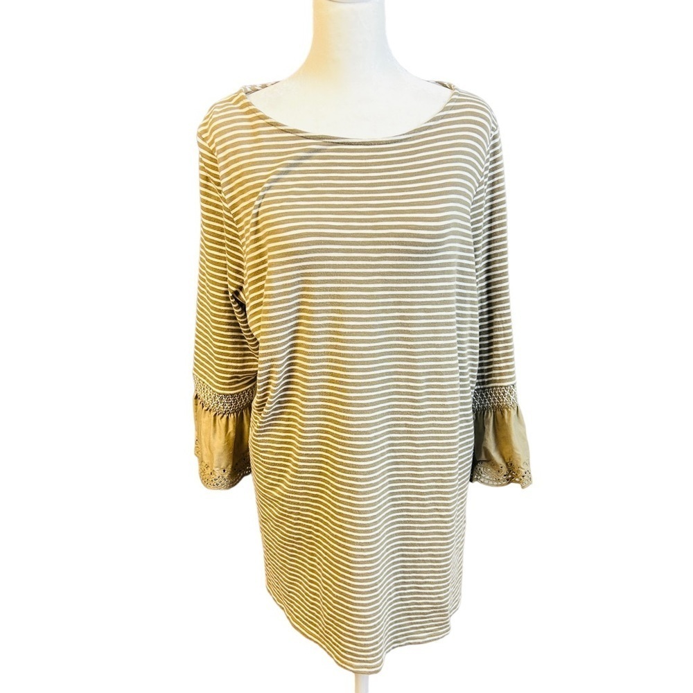 J. Jill Striped Tunic Top Women LP Tan Good Ruffle 3/4 Bell Sleeve Smocked Eyele